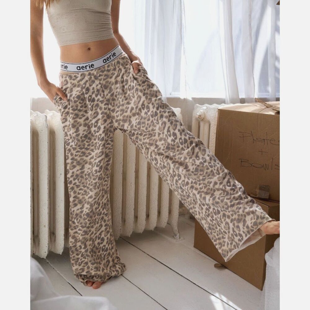NEW Aerie Women's Street Trousers XS S M L Wide Leg knit pants leopard tan taupe - Picture 3 of 8
